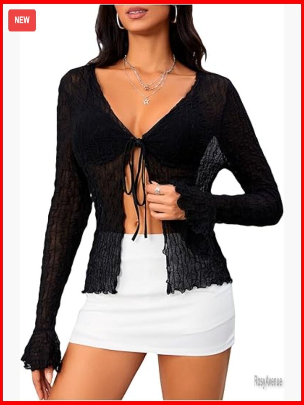 Y2K Textured Tie Front Sheer Top Lettuce Trim Long Sleeve Shrug